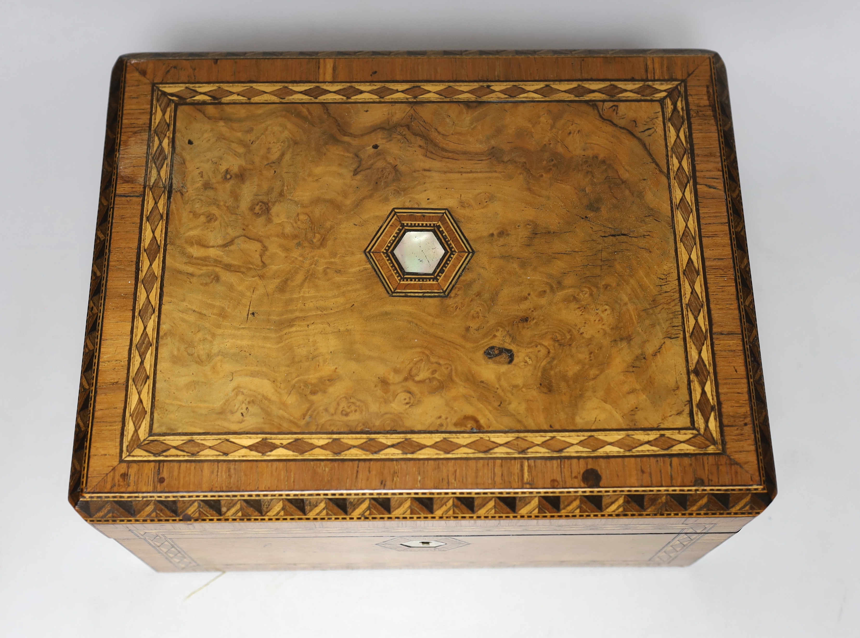 A Victorian walnut and parquetry writing slope, 30 cm wide x 23cm deep